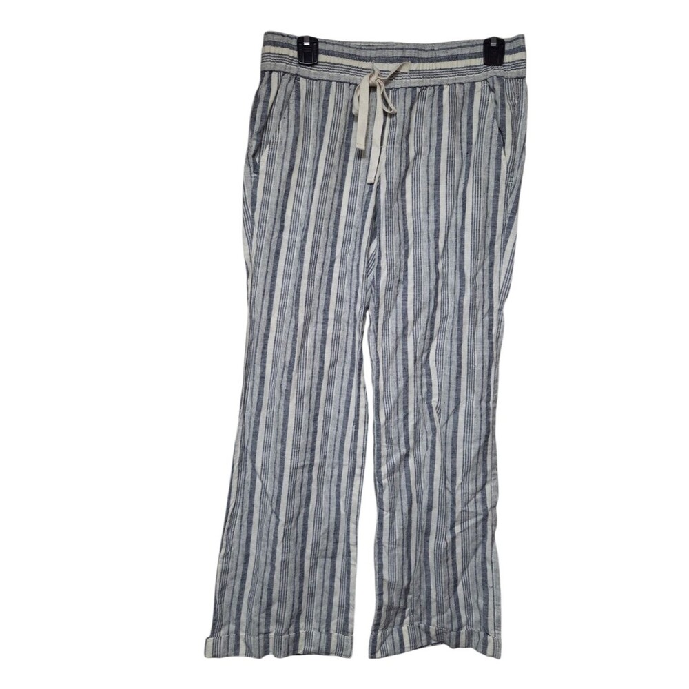 Ann Taylor Navy and White Striped Pull On Pants Drawstring Waist LINEN SIZE XS